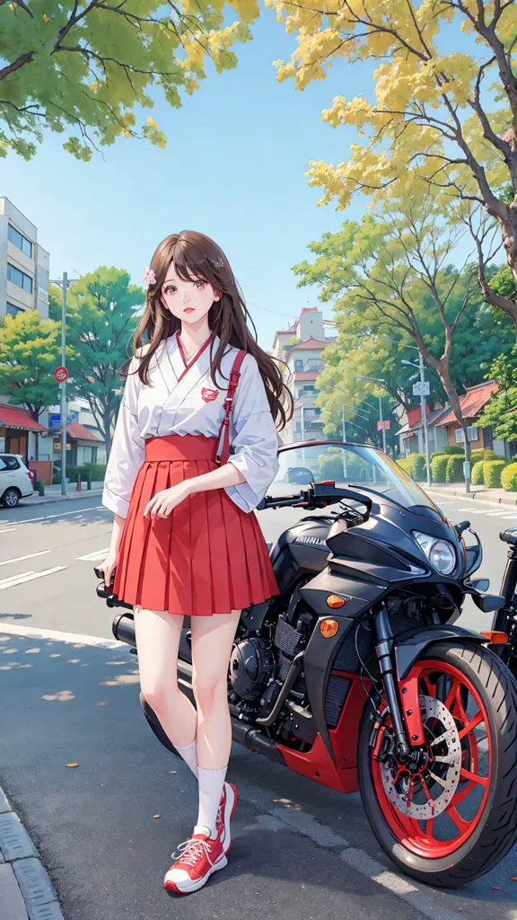 Esta es una imagen de una mujer joven de pie junto a una motocicleta negra y roja. Lleva una camisa blanca, una falda plisada roja y zapatillas rojas. Tiene una flor roja en el cabello. La motocicleta está estacionada en una calle de la ciudad con árboles y edificios de fondo. El cielo es azul con nubes blancas.