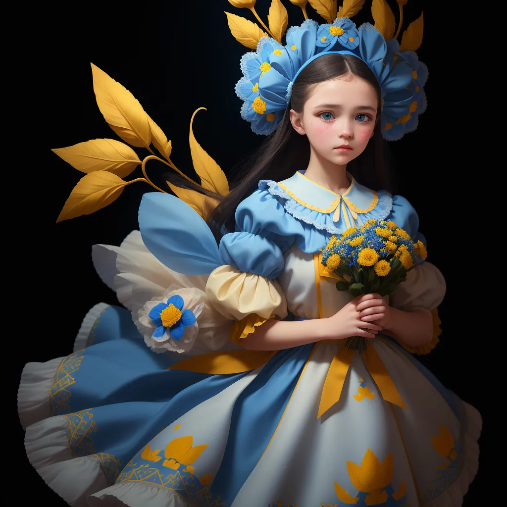 L'image montre une jeune fille aux longs cheveux bruns et aux yeux bleus. Elle porte une robe bleue et blanche avec une écharpe jaune. La robe a un col et des manchettes blancs, et elle est décorée de fleurs bleues et jaunes. La fille porte également une couronne de fleurs bleues et jaunes dans ses cheveux. Elle se tient devant un fond bleu foncé, et des feuilles et des fleurs jaunes flottent autour d'elle.