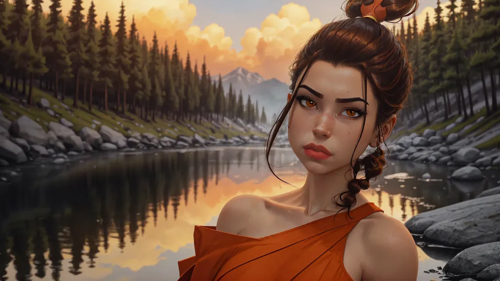 The image is of a young woman with brown hair and orange eyes. She is wearing an orange dress and has a bun in her hair. She is standing in front of a lake with a forest behind her. The sky is orange and there are clouds in the sky. The water in the lake is reflecting the sky and the trees. The woman is looking at the camera with a serious expression on her face.