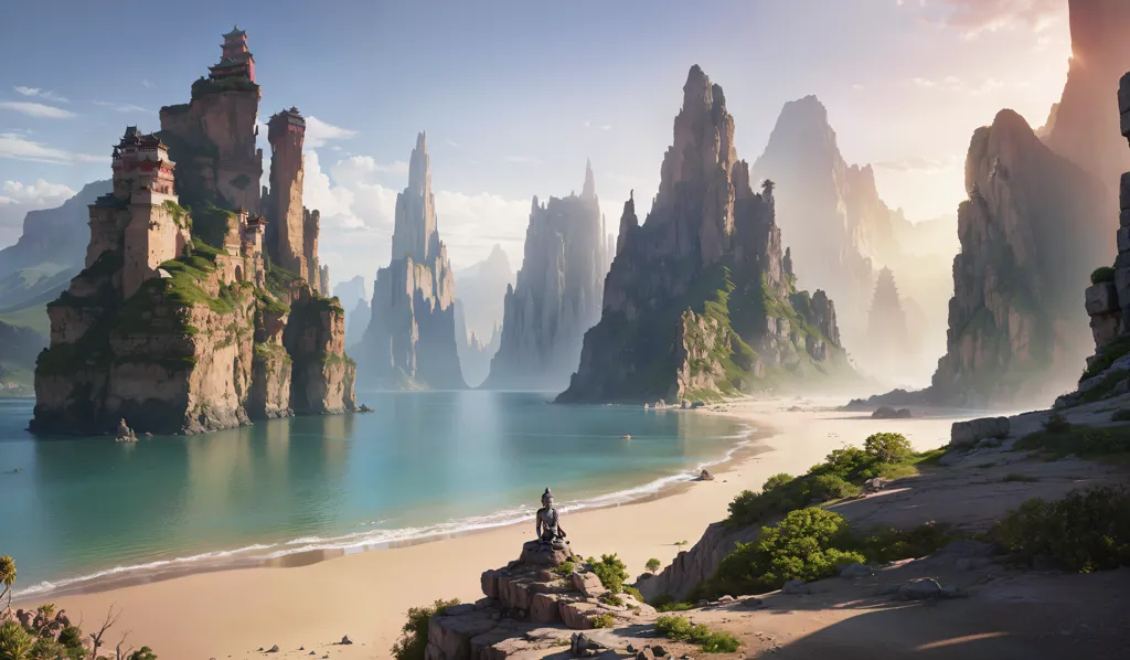 La imagen es un hermoso paisaje de una playa rocosa con un mar azul y grandes montañas rocosas en el fondo. La playa está cubierta de arena blanca y hay algunos árboles y arbustos creciendo en ella. El agua está tranquila y hay algunas olas pequeñas rompiendo en la orilla. El cielo es azul y hay algunas nubes a lo lejos. Hay una roca grande en el primer plano de la imagen con una persona sentada en ella. La persona lleva una bata y está meditando.