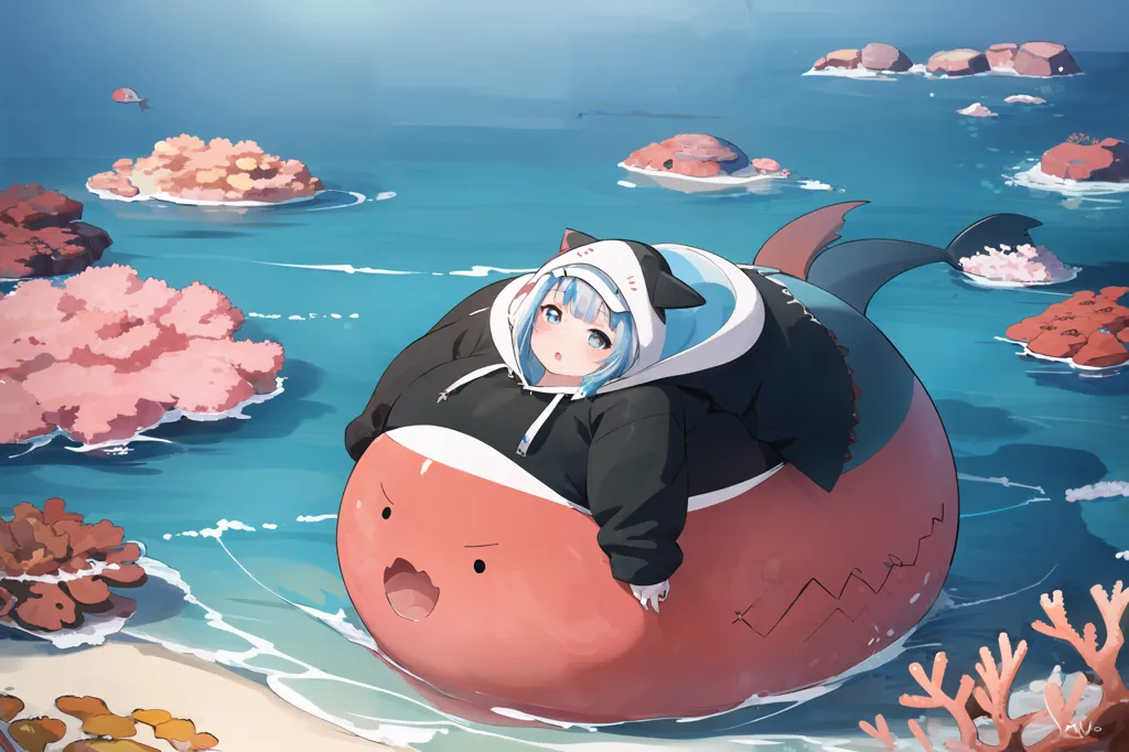 The image is of an anime-style girl with blue hair and blue eyes. She is wearing a black hoodie with a white shark face on it and a pair of black and white cat ears. She is sitting on a large, pink and white fish-like creature with a shark fin on its back. The creature is floating in the ocean, and there are several small islands with pink coral reefs in the background. The girl is smiling and has her eyes closed.