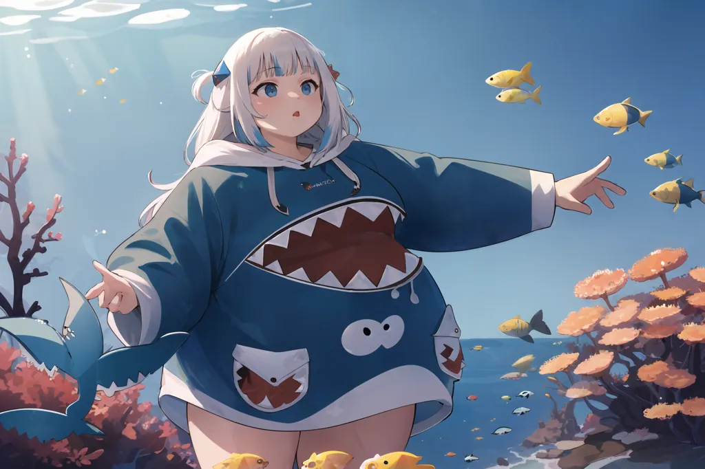 This image depicts a young woman with a large bust and waist. She has fair skin and white hair that is styled in a bob with bangs. Her eyes are a light blue color and she has a small, upturned nose. She is wearing a blue and white shark hoodie that is open at the bottom, exposing her stomach. The hoodie has a large shark face on the front with two pockets resembling shark eyes. She is also wearing a pair of white shorts. She is standing on a beach with her right hand extended towards a group of fish swimming around her. The ocean is a light blue color and the sky is a gradient of light blue to white. There are clouds dotting the sky and the sun is shining brightly.