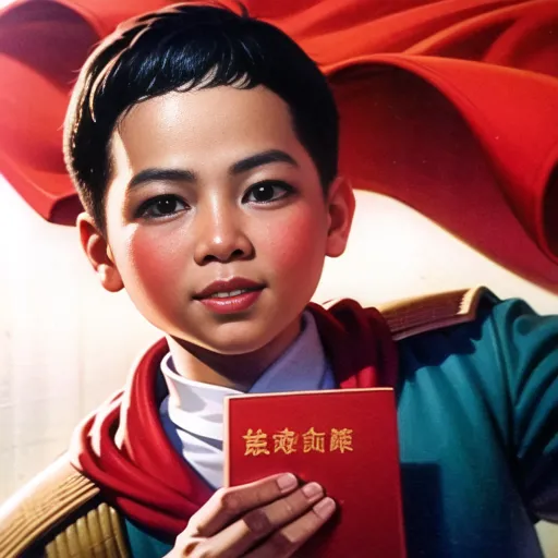 A young boy is holding a red book with a serious facial expression. He is wearing a green shirt with a red scarf around his neck and a red flag in the background. The background is red with a large red flag waving in the background. The boy has a stern expression on his face and is looking directly at the viewer.