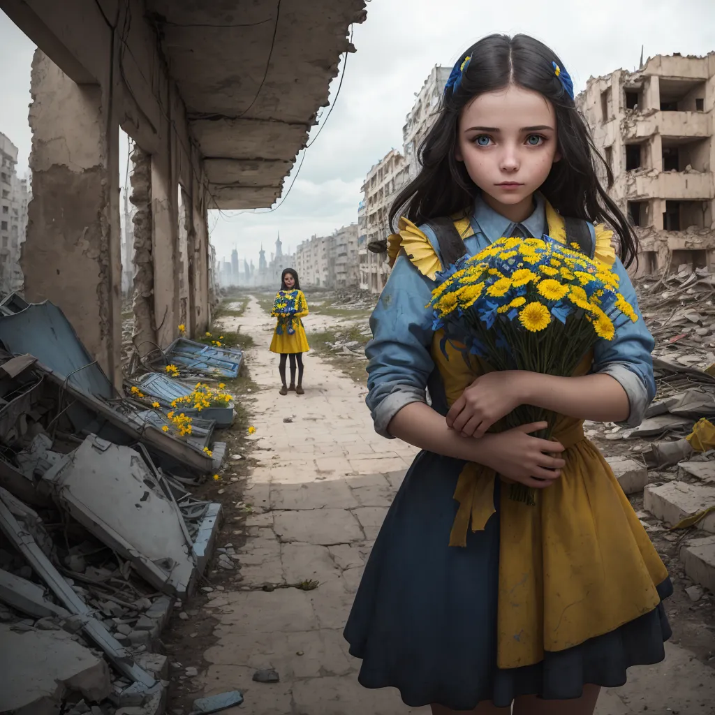 L'image représente une jeune fille debout dans une ville ravagée par la guerre. Elle porte une robe bleue et jaune et a une fleur jaune dans les cheveux. La ville est en ruines, avec des bâtiments détruits et des décombres partout. La fille regarde l'objectif avec une expression triste sur le visage. Il y a une autre fille à l'arrière-plan, portant également une robe bleue et jaune et tenant un bouquet de fleurs.