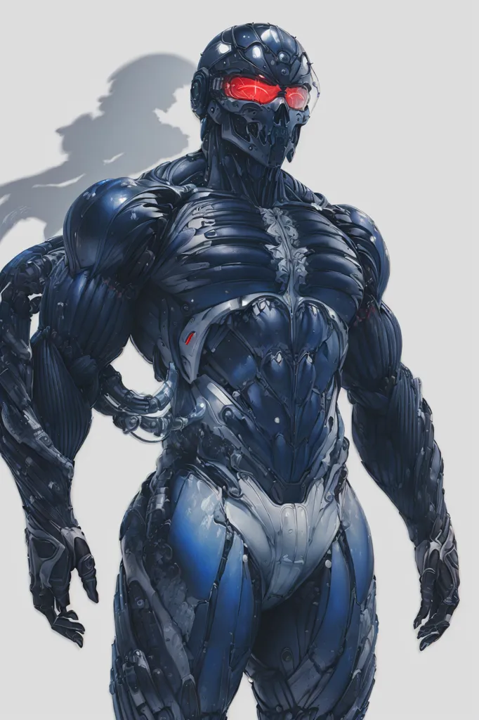 The image is a digital painting of a cyborg. The cyborg is standing with its arms at its sides. It is wearing a black and blue bodysuit that covers its entire body. The bodysuit is made of a material that looks like metal. The cyborg's head is covered by a helmet that has a red visor. The helmet is also made of a material that looks like metal. The cyborg's eyes are red and they are glowing. The cyborg's body is covered in wires and tubes. The wires and tubes are connected to the cyborg's body at various points. The background of the image is white.