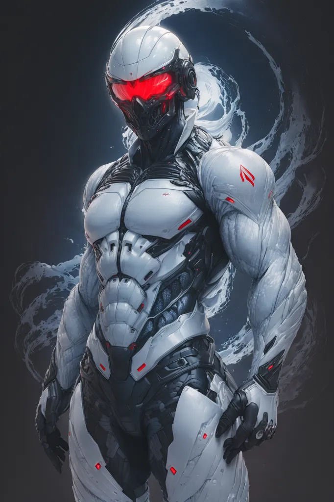 The image is a digital painting of a futuristic soldier. He is wearing a white and gray armor with red lights on his helmet and chest. His face is not visible, but his eyes are glowing red. He is standing in a dark background with smoke or mist around him. He looks like he is ready to fight.