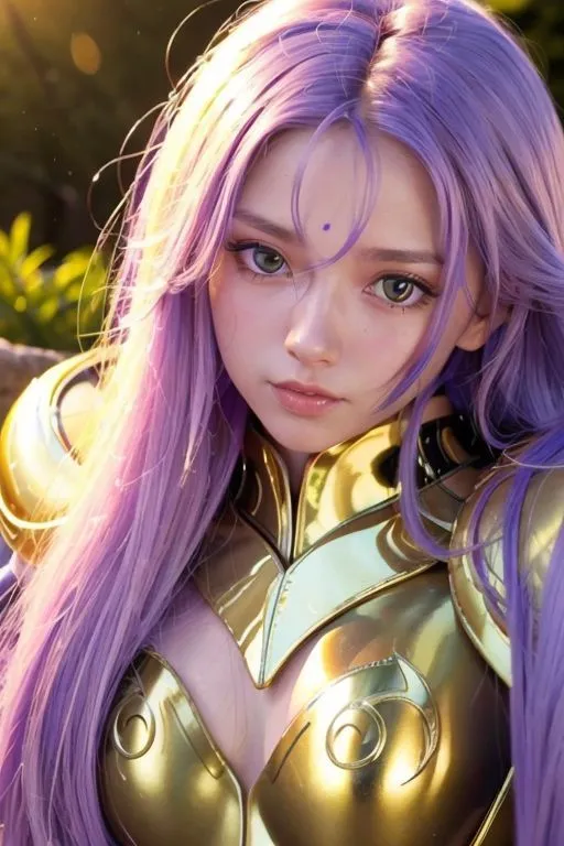 The image shows a young woman with long purple hair and green eyes. She is wearing a golden armor and has a serious expression on her face. The background is blurred and looks like a forest.