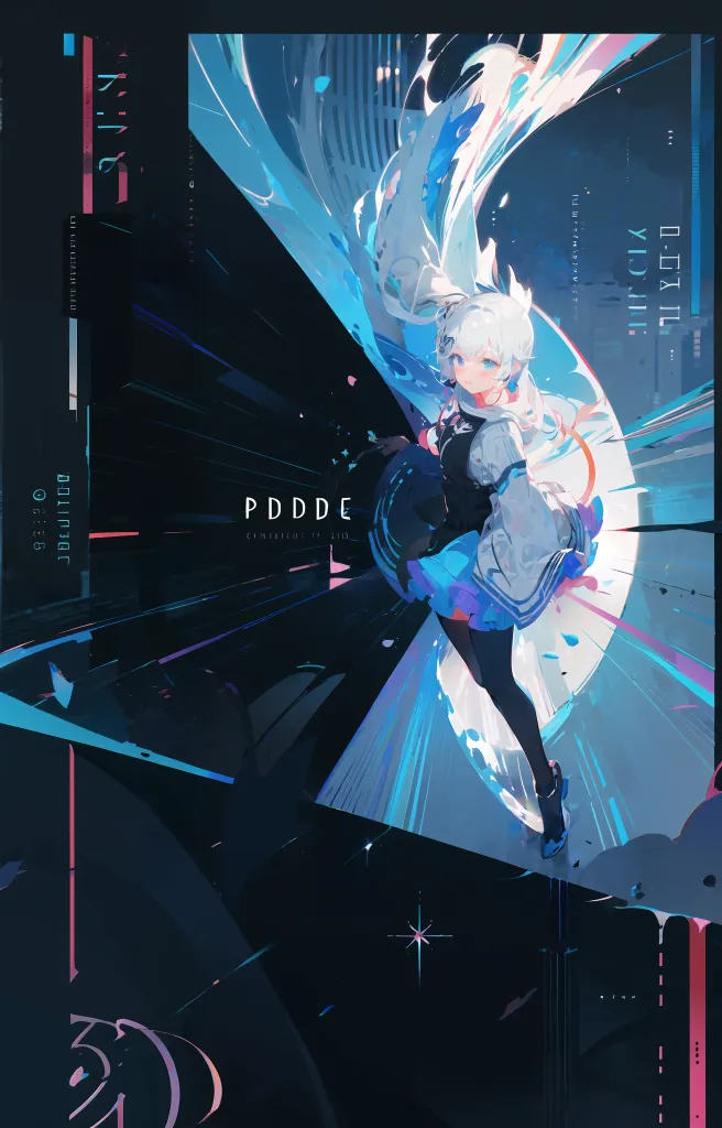 The image is of a girl with white hair and blue eyes. She is wearing a black and blue outfit. She is standing in a dark room with blue lights. There are also some pink lights in the background. The girl is looking at the viewer with a serious expression. She has a determined look on her face. The image is in a futuristic style and has a dark and mysterious atmosphere.