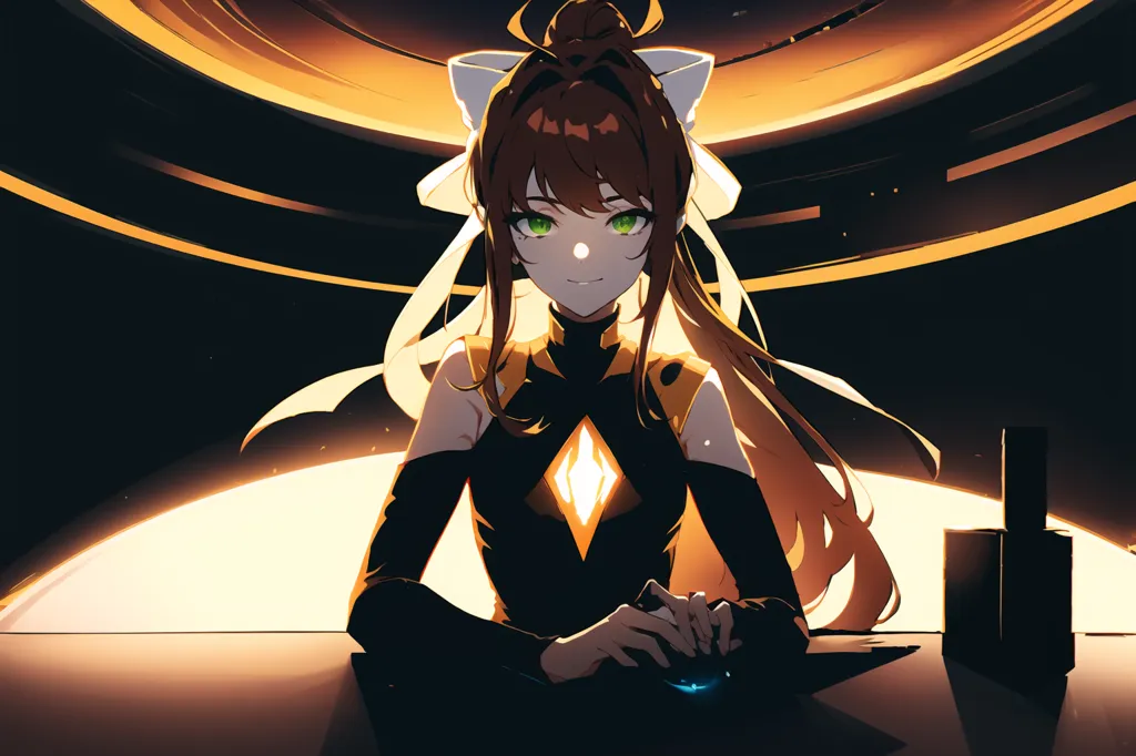 The image is of a young woman with long brown hair and green eyes. She is wearing a black and yellow outfit with a white bow in her hair. She is sitting at a desk with a computer mouse in her hand. There is a yellow halo around her head. The background is dark with a bright light in the center.