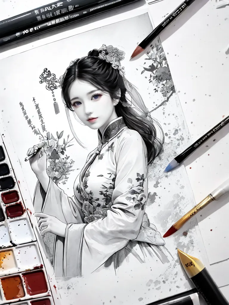 The image is a black and white drawing of a Chinese woman in traditional dress. She is wearing a white dress with a floral pattern and a long white scarf. Her hair is long and black and she is wearing a traditional Chinese hairstyle. She is holding a paintbrush in her right hand and a palette of paints in her left hand. There are several Chinese calligraphy brushes and a pen on the table to her right. In the background, there is a painting of a Chinese landscape.