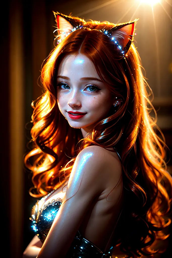 The picture shows a beautiful young woman with long, wavy red hair. She is wearing a sparkly silver dress with a plunging neckline and cat ears. Her makeup is flawless, with shimmery eyeshadow and bright red lipstick. She is smiling and looking at the camera. There is a bright light shining on her from the right side of the frame.