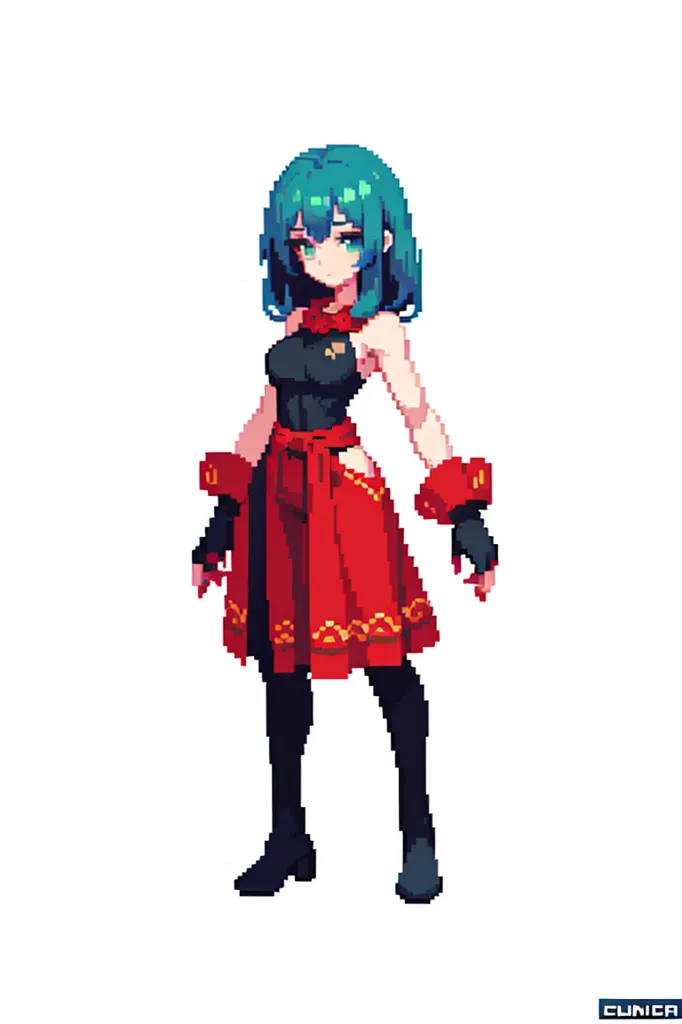 It is a pixel art image of a woman. She has green hair, red eyes, and is wearing a red and black outfit. She is standing with her feet shoulder-width apart, her hands at her sides. She is wearing a black choker, a red and gold sleeveless top, and a red skirt with a black belt. She is also wearing black gloves and boots.