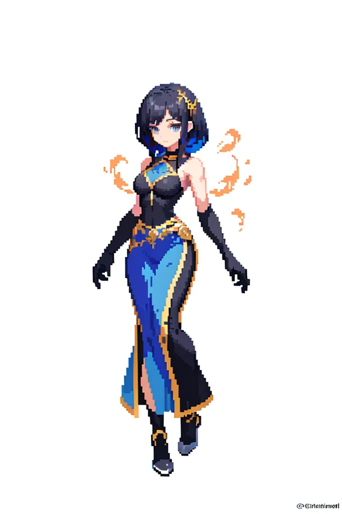 The image shows a pixelated illustration of a woman wearing a black and blue dress with a high slit and a gold necklace. She has black hair and blue eyes. She is standing with her left foot forward and her right foot back. Her arms are slightly bent with her hands resting on her hips. She has a confident expression on her face. The background is white.