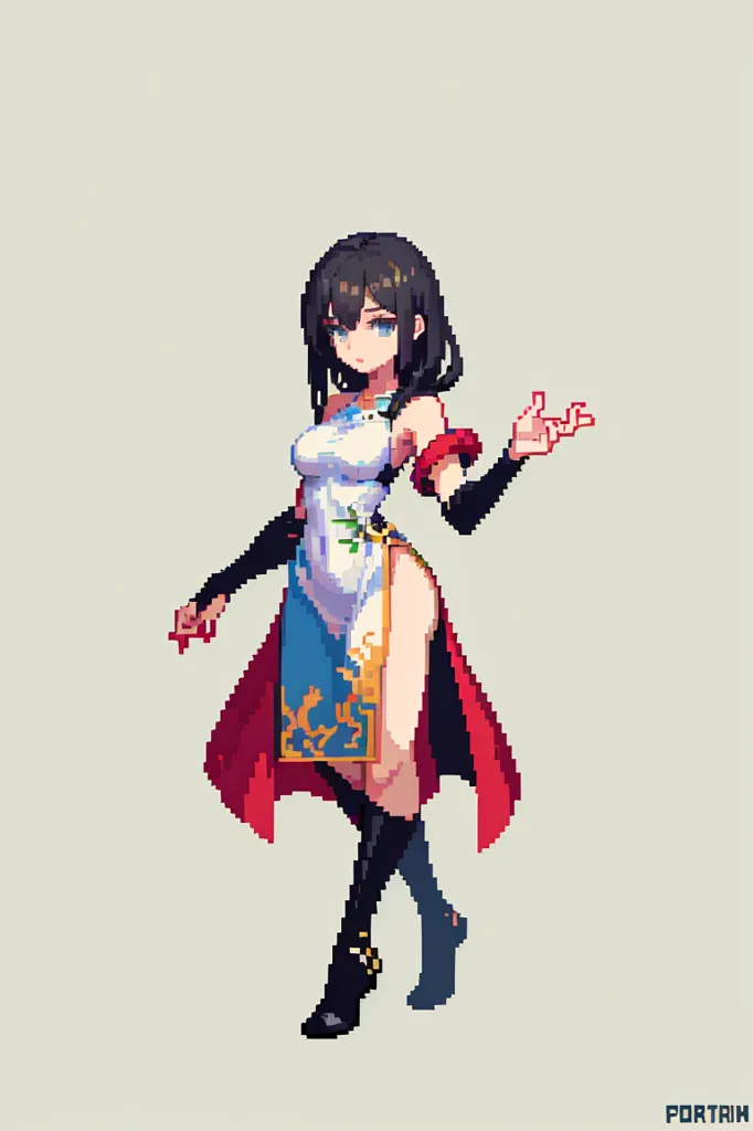 A imagem é uma arte de pixel de uma mulher em um qipao. A mulher tem cabelos pretos e olhos azuis. O qipao é branco com detalhes vermelhos e azuis. A mulher está em uma pose com a mão esquerda levantada e a mão direita ao lado. Ela está usando botas pretas e tem uma echarpe vermelha em volta do pescoço. O fundo é um cinza claro.