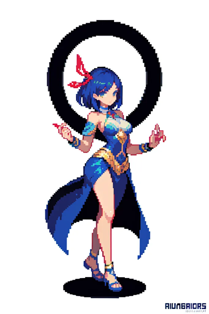 The image is of a woman with blue hair and red eyes. She is wearing a blue dress with a high slit and a gold belt. She is also wearing blue high heels. She is standing in front of a large black circle. The woman is looking at the viewer with a serious expression.