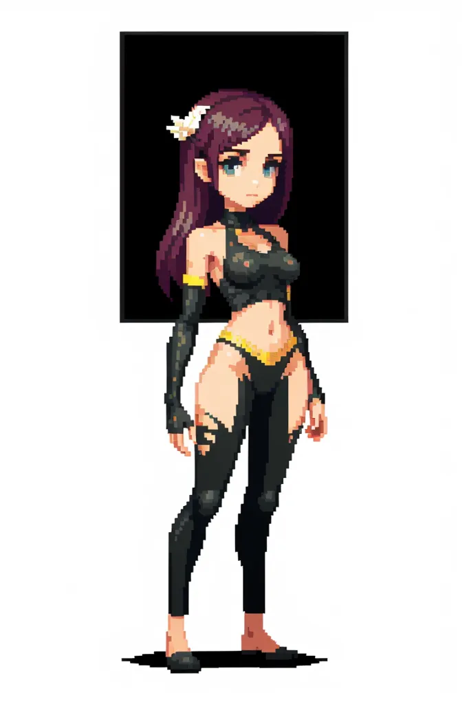 L'image est un sprite pixélisé d'un personnage féminin. Elle a les cheveux violets, les yeux bleus et porte une tenue noire. La tenue se compose d'un haut bandeau, d'un pantalon et de bottes. Le haut est décoré de bordures dorées et le pantalon a un aspect déchiré. Elle porte également un bracelet doré au poignet droit. Le personnage est debout dans une pose décontractée, les pieds à la largeur des épaules et les bras le long du corps. Elle a une expression confiante sur le visage. L'arrière-plan de l'image est blanc.