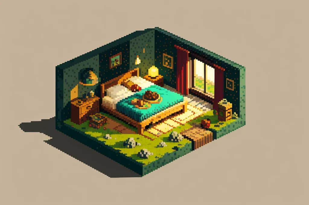 The image is a pixelated isometric bedroom. The room has a bed, a nightstand, a dresser, and a window. The bed has a blue comforter and a white pillow. The nightstand has a lamp on it. The dresser has a mirror on it. The window has a red curtain. There is a green rug on the floor. There is a plant in the corner of the room. The room is lit by a warm light.