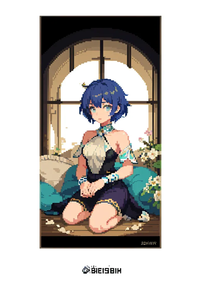 The image is a pixelated illustration of a girl with blue hair and green eyes. She is wearing a black and white dress with a blue sash and has a yellow butterfly in her hair. She is sitting on a bed in front of a window. There are flowers on the bed and on the floor. The background is a dark blue night sky with a crescent moon.