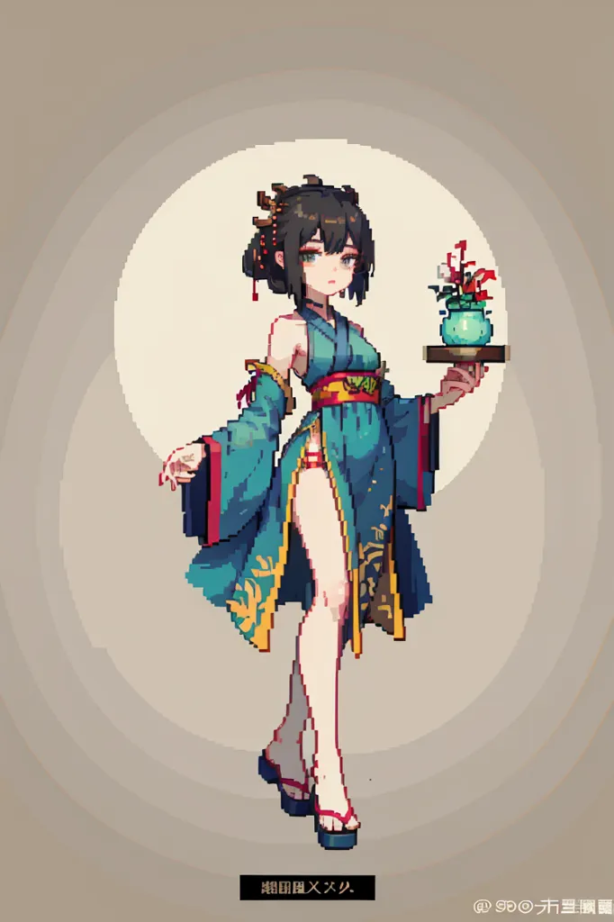 La imagen es una ilustración pixelada de una mujer japonesa que lleva un kimono. Tiene el cabello negro y los ojos azules, y está llevando una bandeja con un jarrón de flores. La mujer está de pie frente a un fondo blanco, y hay un símbolo japonés en el lado derecho de la imagen. El símbolo significa "crisantemo".