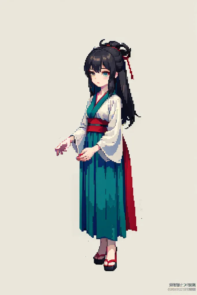 L'image est une illustration pixélisée d'une fille en kimono. La fille a de longs cheveux noirs, des yeux verts et porte un kimono rouge et blanc avec un obi vert. Elle porte également des sandales zori. La fille est debout dans une pose neutre, les mains sur les côtés. L'arrière-plan est d'une couleur gris clair uniforme.