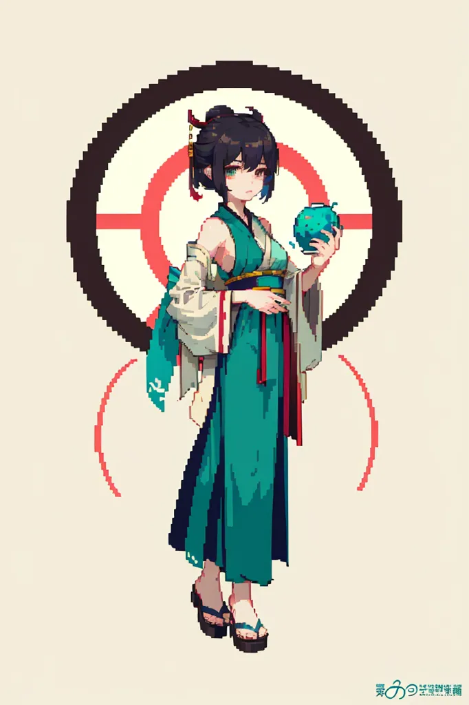 The image is a pixel art of a girl in a kimono. She has black hair and green eyes, and is wearing a green kimono with a white obi. She is also wearing geta sandals and holding a small, blue creature in her hands. The background is white with a large, red circle in the center. The girl is standing in front of the circle, and there are two smaller, red circles on either side of her.