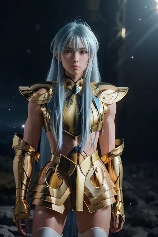 The image shows a young woman with long blue hair wearing a golden armor. She is standing in a dark place with a determined expression on her face. The woman is likely a character from the anime or manga series Saint Seiya.