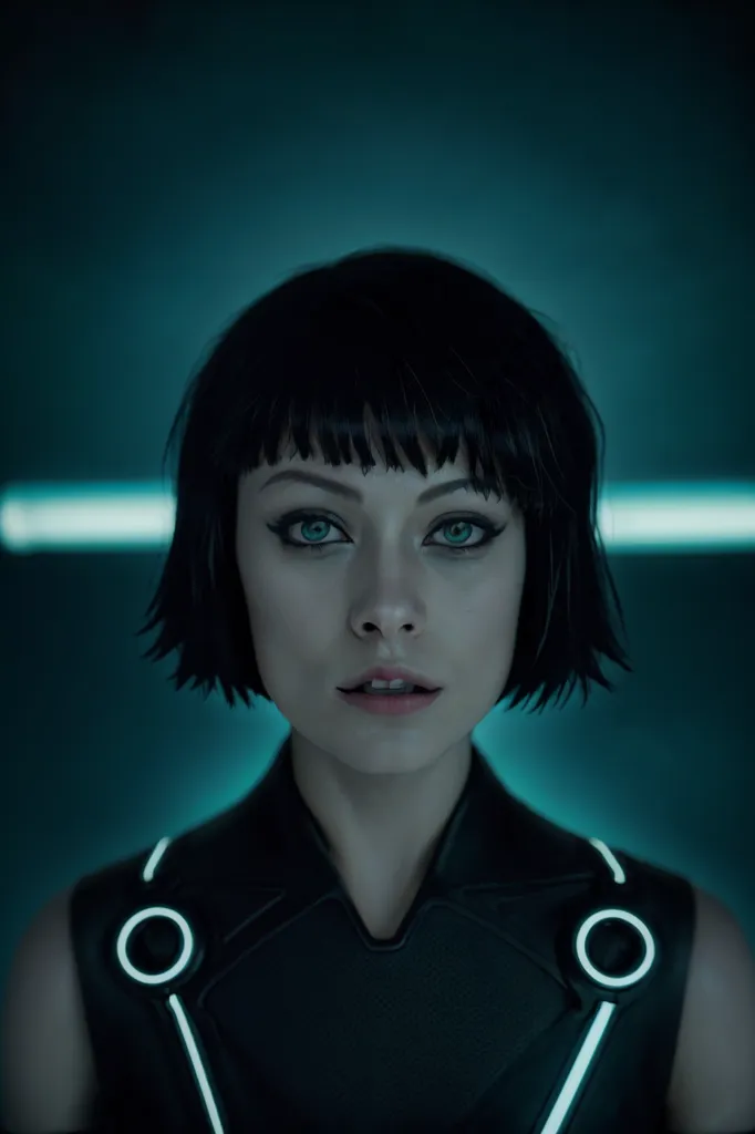 The image shows a young woman with short black hair and green eyes. She is wearing a black leather outfit with a high collar and a white stripe down the front. She also has a pair of white gloves on. The background is dark blue with a bright white light on the left side of the image. The woman is looking at the camera with a confident expression on her face.