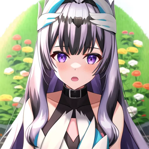 The image shows an anime girl with purple eyes and long silver hair that fades to black at the tips. She is wearing a white and black outfit with a blue gem on her chest and a white and blue hat. She is standing in a field of flowers and has a surprised expression on her face.