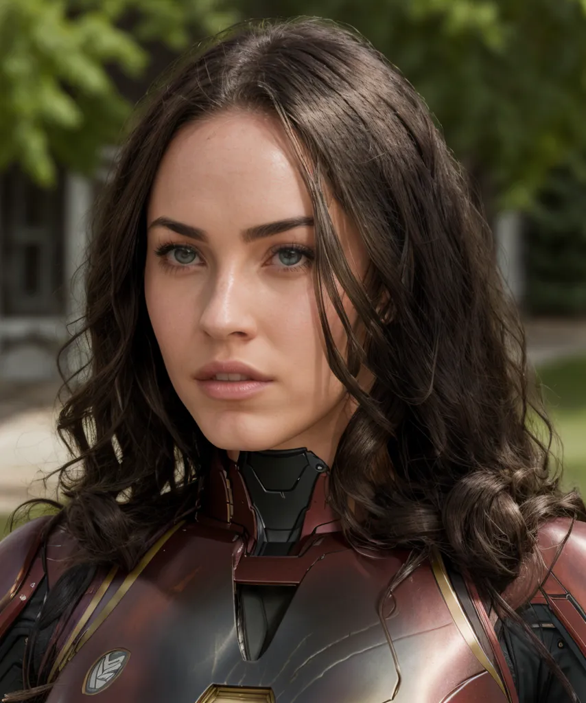 The image shows a young woman with long, wavy brown hair and light blue eyes. She is wearing a red and gold Iron Man suit. The suit has a metallic sheen and there is a small arc reactor visible on her chest. The woman is looking at the viewer with a serious expression.