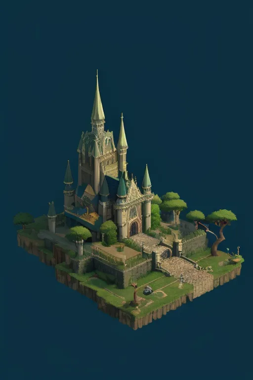 The image is of a castle on a floating island. The castle is made of gray stone and has four towers. The island is surrounded by a green forest. There is a path leading up to the castle from the bottom of the island.