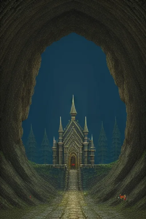 The image is a digital painting of a fantasy landscape. It shows a large, Gothic-style cathedral built inside a cave. The cathedral is made of gray stone and has a large, arched doorway. The cave is dark and shadowy, and the only light comes from the inside of the cathedral. There are a few trees growing outside the cathedral, and the ground is covered in grass and moss.