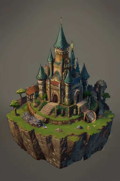 The image shows a castle on a floating island. The castle is made of gray stone with green and brown accents. It has four towers, and there are trees and grass on the island. There is a path leading up to the castle, and there is a door on the right side. The castle is surrounded by clouds.