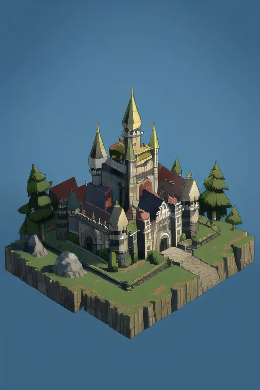 A imagem é uma renderização 3D de um castelo. O castelo é feito de pedra cinza e possui quatro torres. A entrada principal do castelo é através de um grande portão. Há árvores e uma área de jardim na frente do castelo. O castelo é cercado por um penhasco.