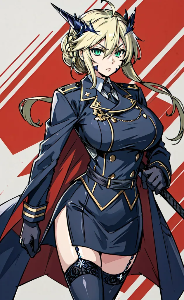 L'image représente une femme aux longs cheveux blonds et aux yeux verts. Elle porte un uniforme militaire noir avec une cape rouge. Elle porte également un chapeau noir avec une bordure dorée. Elle se tient devant un fond rouge avec des lignes blanches.