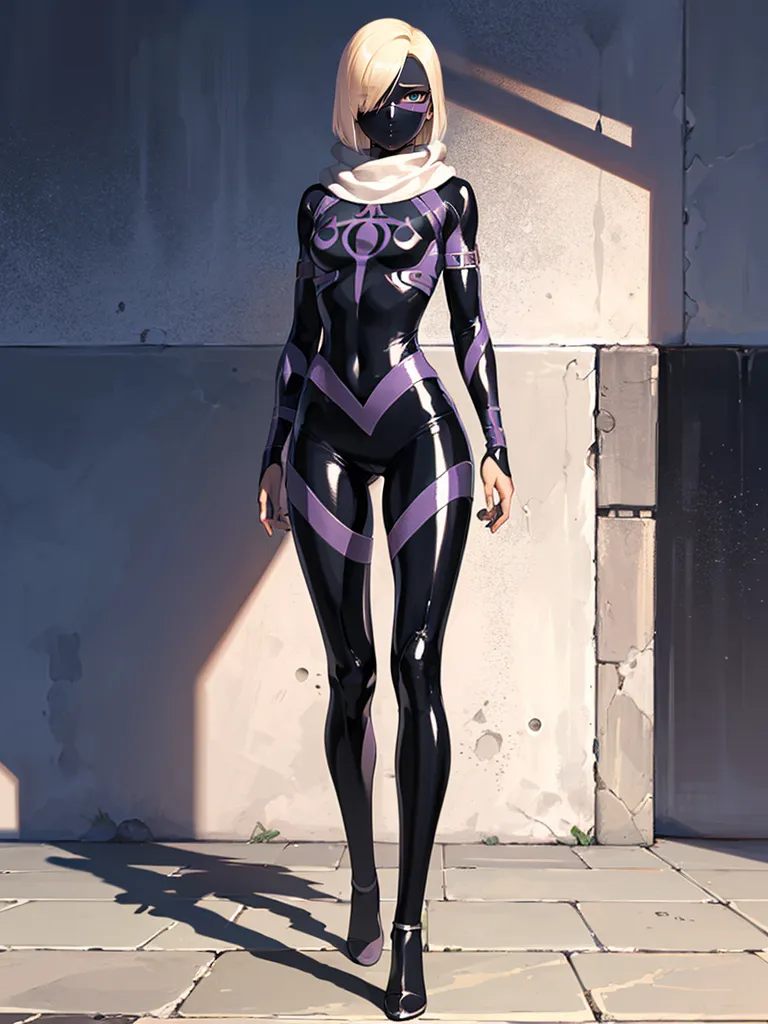 The image is a digital painting of a woman wearing a black and purple bodysuit. The woman is standing in a dark alleyway, with her back to the viewer. She is wearing a mask that covers her eyes and mouth, and her hair is short and blond. She is also wearing a pair of high heels. The image is rendered in a realistic style, and the woman's expression is one of determination.