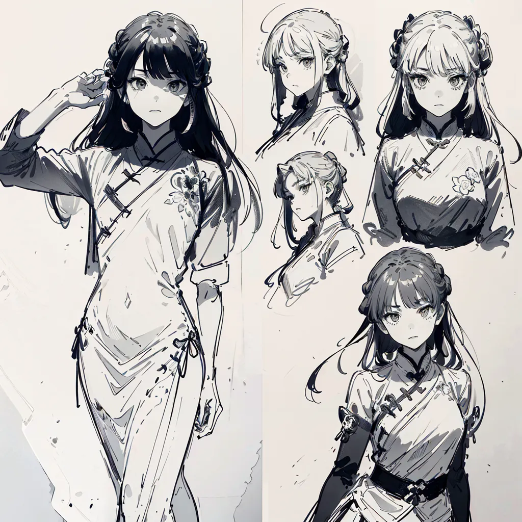 The image shows a few sketches of a young woman, drawn in a semi-realistic style. She has long, dark hair and is wearing a traditional Chinese dress. In one sketch, she is holding her hair up with one hand. In another, she is looking at the viewer with a serious expression. The artist has used a variety of line weights and shading techniques to create a sense of depth and texture.