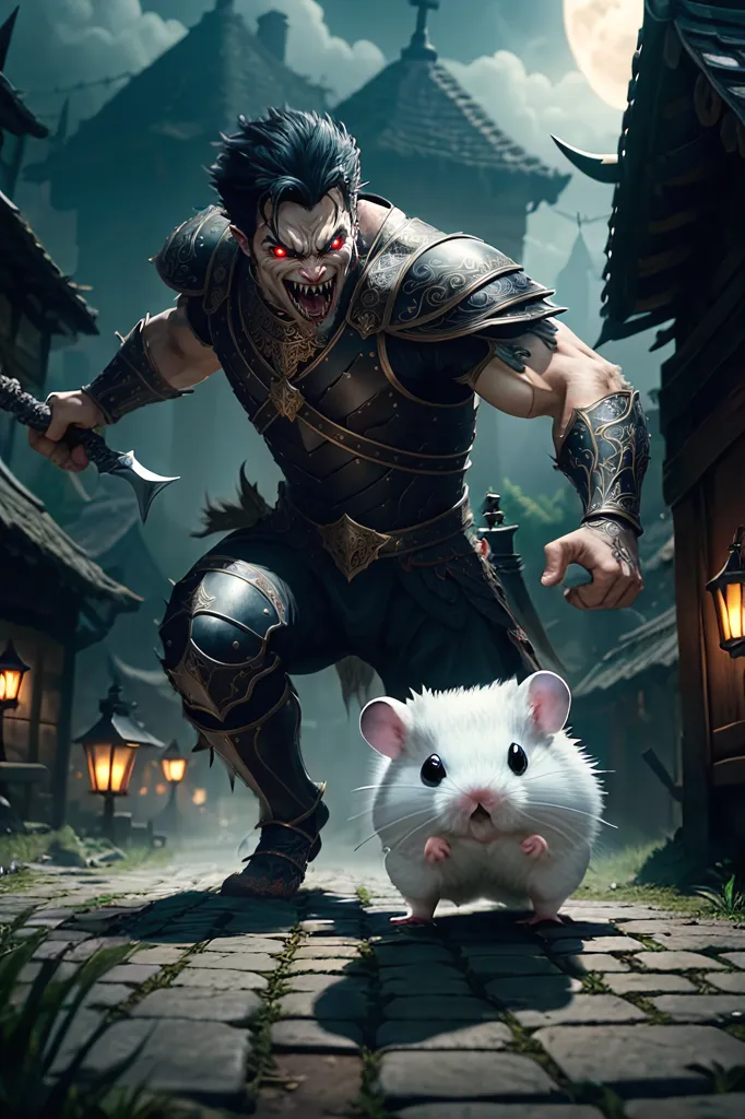 The image is a dark fantasy illustration of a half-orc vampire. He is depicted as a tall, muscular man with pale skin, black hair, and red eyes. He is wearing black armor and wielding a pair of daggers. He is standing in a dark alleyway, with a rat scurrying away from him. The background is a blur of buildings and the night sky.