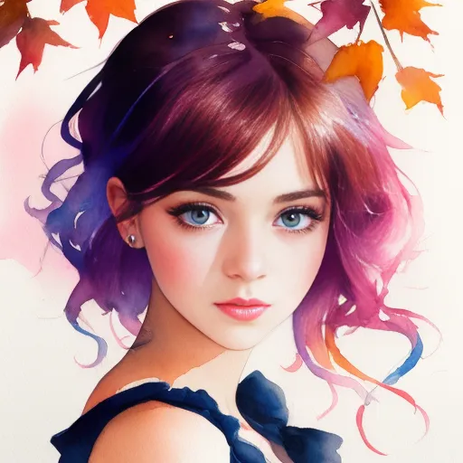 Ceci est une image d'une belle jeune femme aux longs cheveux ondulants. Ses cheveux sont un mélange de couleurs, notamment du rose, du violet et du bleu. Ses yeux sont d'un bleu clair et elle a de longs cils foncés. Sa peau est claire et sans défaut. Elle porte une robe bleue avec un col blanc. Il y a quelques feuilles orange et jaune dans ses cheveux. L'arrière-plan est d'une couleur rose pâle.