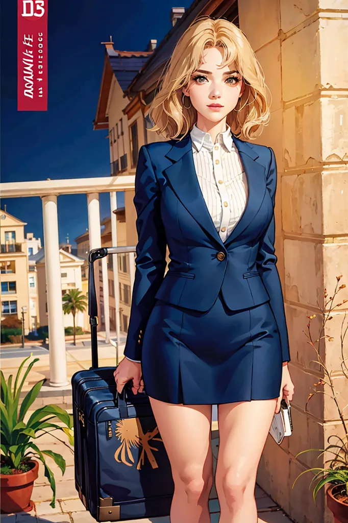 The image shows a young woman, with blond hair and blue eyes, wearing a fitted blue suit. The suit jacket is buttoned up, showing a white collared shirt underneath. The skirt is short, showing off her long legs. She is holding a matching blue suitcase with her left hand, and her right hand is holding a document. She is standing in front of a building, with a city street in the background.