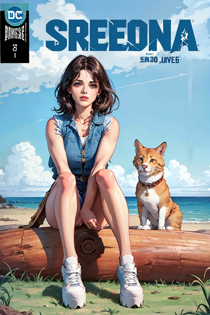 This is a cover of a comic book. The title of the comic book is "SREEDNA". There is a young woman sitting on a log in front of the ocean. She is wearing denim shorts and a blue tank top. She has brown hair and green eyes. She is sitting with her legs crossed and her hand resting on her knee. There is an orange cat sitting on the log next to her. The cat has a collar with a tag on it. The tag has the letter "S" on it. The background of the cover is a beach. There is a blue sky and white clouds. There is a large wave crashing on the shore.