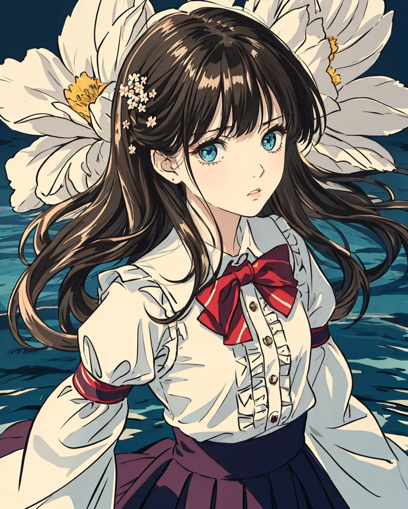 This is an image of a girl with long brown hair and blue eyes. She is wearing a white blouse with a red ribbon and a purple skirt. There are white flowers in her hair and around her. She is standing in water up to her waist. The background is dark blue. The girl is looking at the viewer with a serious expression.