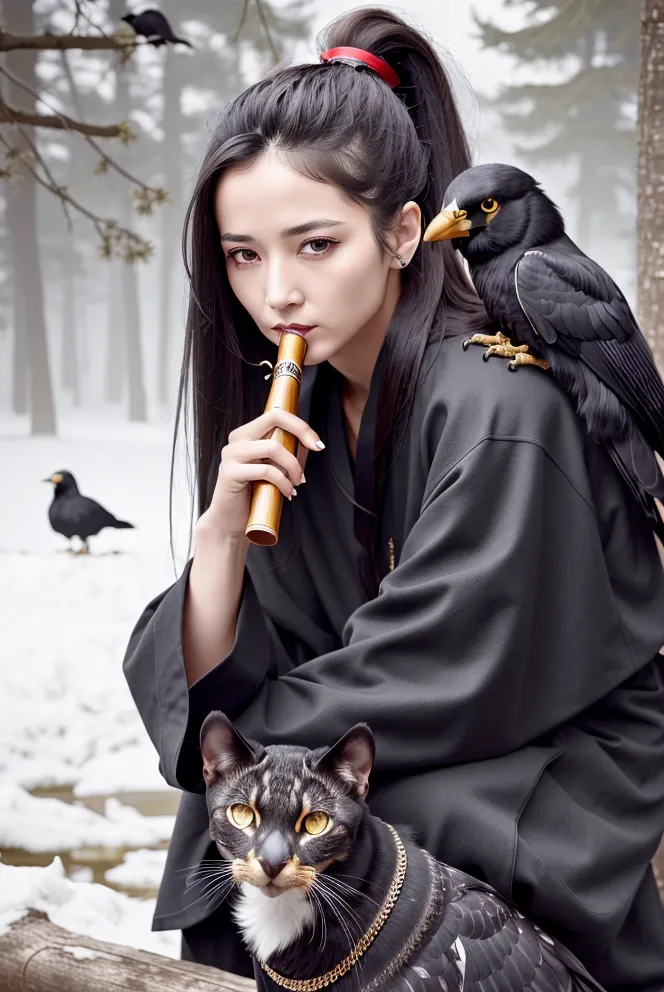 The image is of a young woman in a black kimono with a red obi. She is sitting on a rock in a snowy forest. She is playing a flute and a blackbird is perched on her shoulder. A cat is sitting in front of her. The woman has long black hair and yellow eyes. She is wearing a golden necklace with a pendant in the shape of a cat. The cat has black fur and yellow eyes. It is wearing a golden collar with a pendant in the shape of a bird.