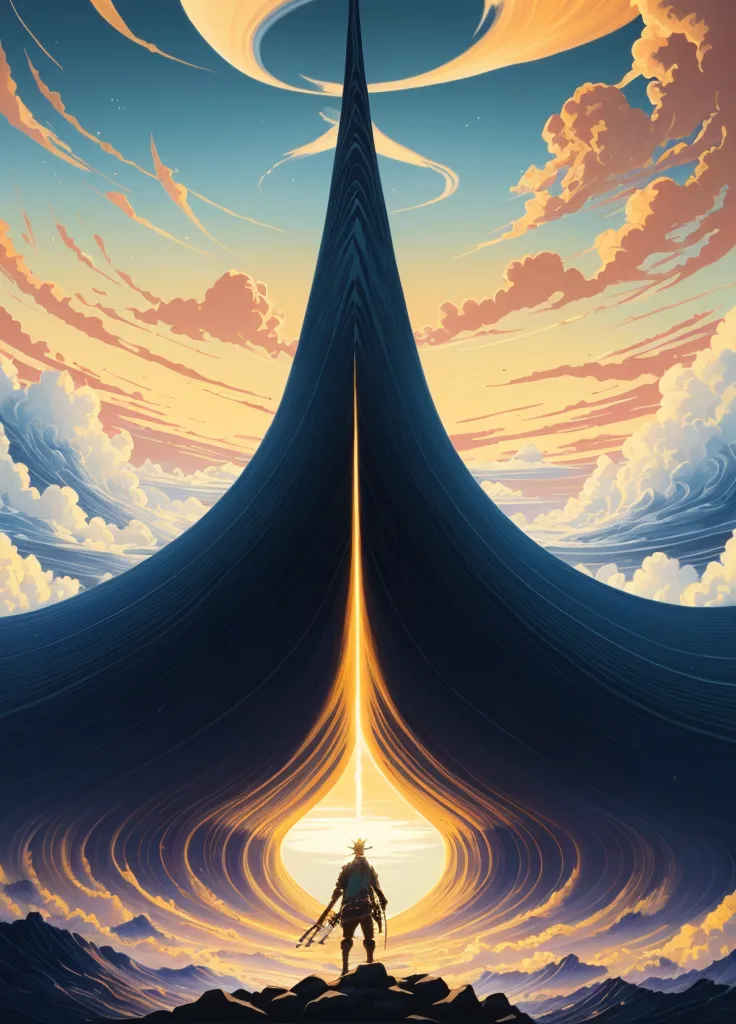 In this image, a man stands on a cliff gazing up at a large, black, triangular structure in the sky. The structure is surrounded by a bright light, and there are clouds in the sky. The man is wearing a hat and a long coat, and he has a sword on his back. He appears to be alone.