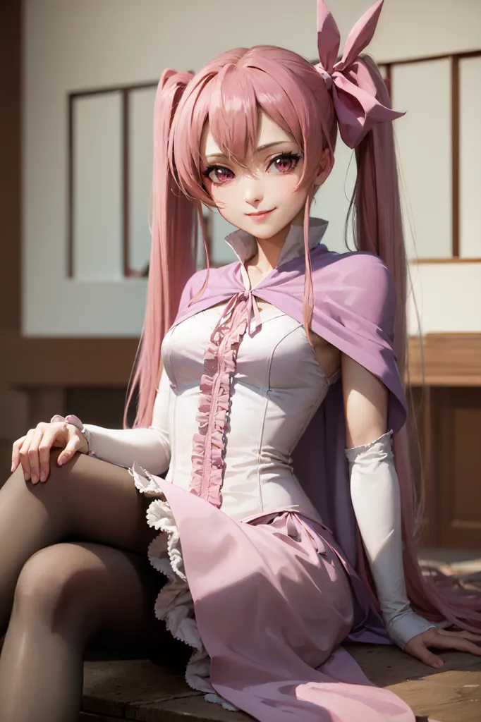 The image is an anime-style drawing of a girl with pink hair and purple eyes. She is wearing a white dress with a pink cape and black stockings. She is sitting on a wooden railing with one leg crossed over the other. Her expression is serious but with a hint of playfulness. The background is a blurred wooden wall with a sliding door.