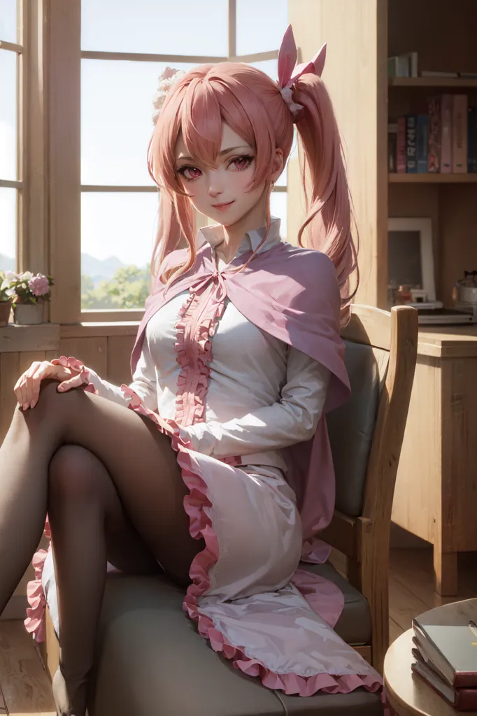 The image shows a young woman with pink hair and pink eyes. She is wearing a white blouse, a pink cape, and a white skirt. She is sitting in a chair with her legs crossed and has a book on the floor next to her. There is a window behind her and a bookshelf to her right.