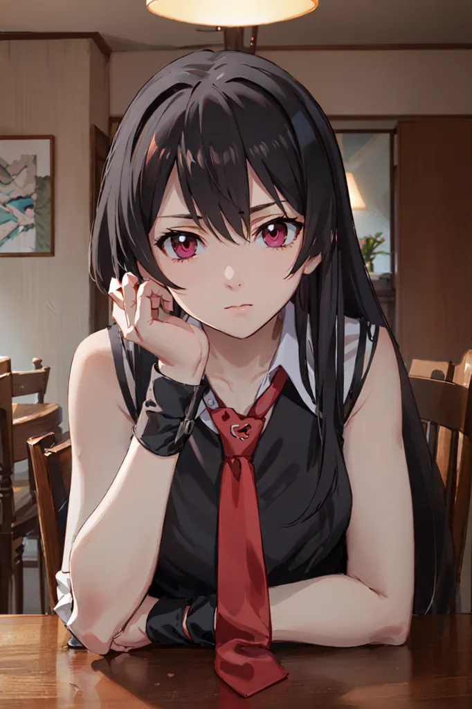 The image shows a young woman with long black hair and red eyes. She is wearing a black vest and a red tie. She is sitting at a table, with her chin resting on her hand. She has a thoughtful expression on her face. There is a lamp on the ceiling above her and a plant in the background.