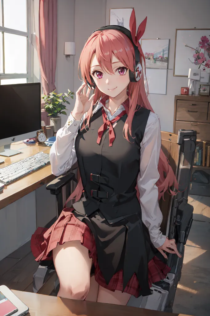 The image shows a young woman sitting in a chair in her home office. She has long pink hair, red eyes, and is wearing a white blouse, black vest, and red and gray pleated skirt. She is also wearing headphones and has a computer on her desk. There is a plant on the desk, and a painting on the wall behind her.