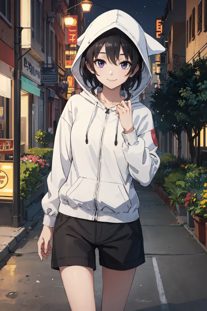 The image is of a young woman, probably in her late teens or early twenties, with mid-length black hair. She is wearing a white hoodie with cat ears on the hood and black shorts. She is standing on a city street with her right hand in her hoodie pocket and the other holding her left arm. There are buildings and plants in the background. The image is drawn in a realistic style, and the colors are vibrant.