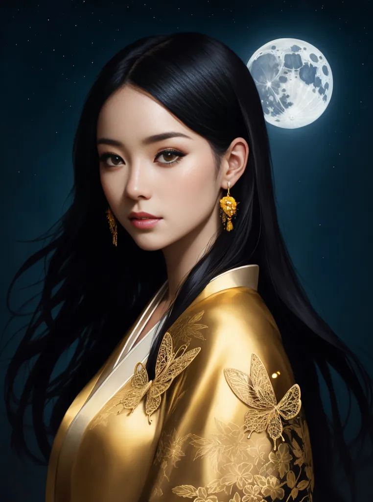 L'image montre une belle femme asiatique aux longs cheveux noirs. Elle porte une robe dorée avec des motifs de papillons et des boucles d'oreilles en forme de papillons. L'arrière-plan est un ciel de nuit bleu foncé avec une pleine lune. La femme regarde le spectateur avec une expression sérieuse.