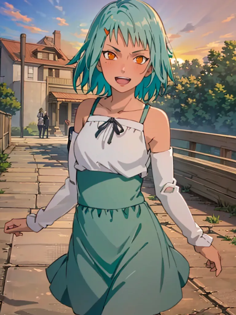 The image is of a young woman with green hair and orange eyes. She is wearing a white off-the-shoulder dress with a green skirt. She is also wearing white sleeves. The woman is standing on a stone bridge and there are two people in the background. There are also some houses in the background. The sun is setting and the sky is a gradient of orange and yellow.